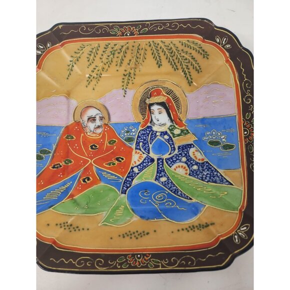 Antique Rakan Immortals Porcelain Gold Etched Japanese Satsuma Plate Hand Panted - Picture 2 of 7